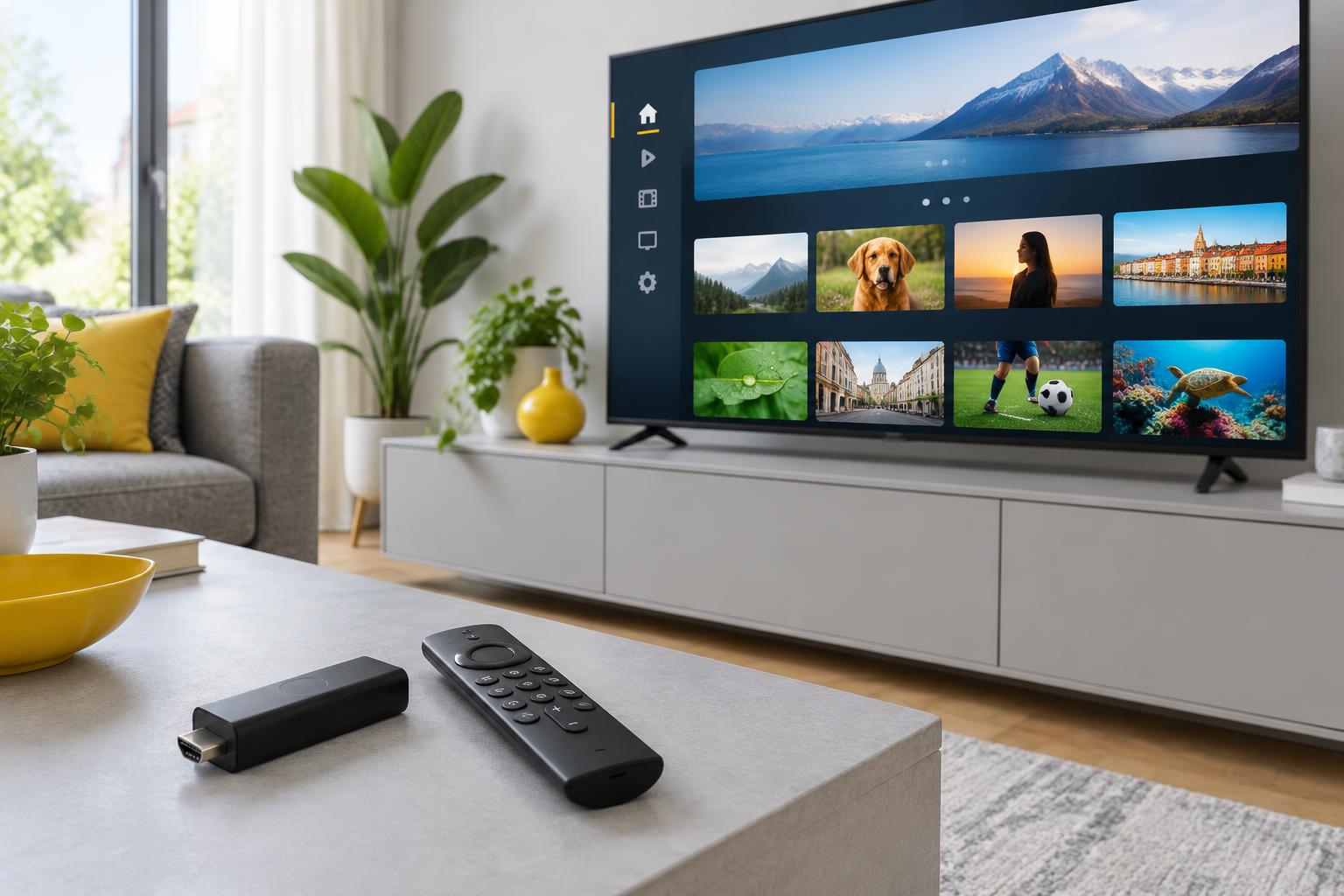 Television, streaming stick and remote in a living room